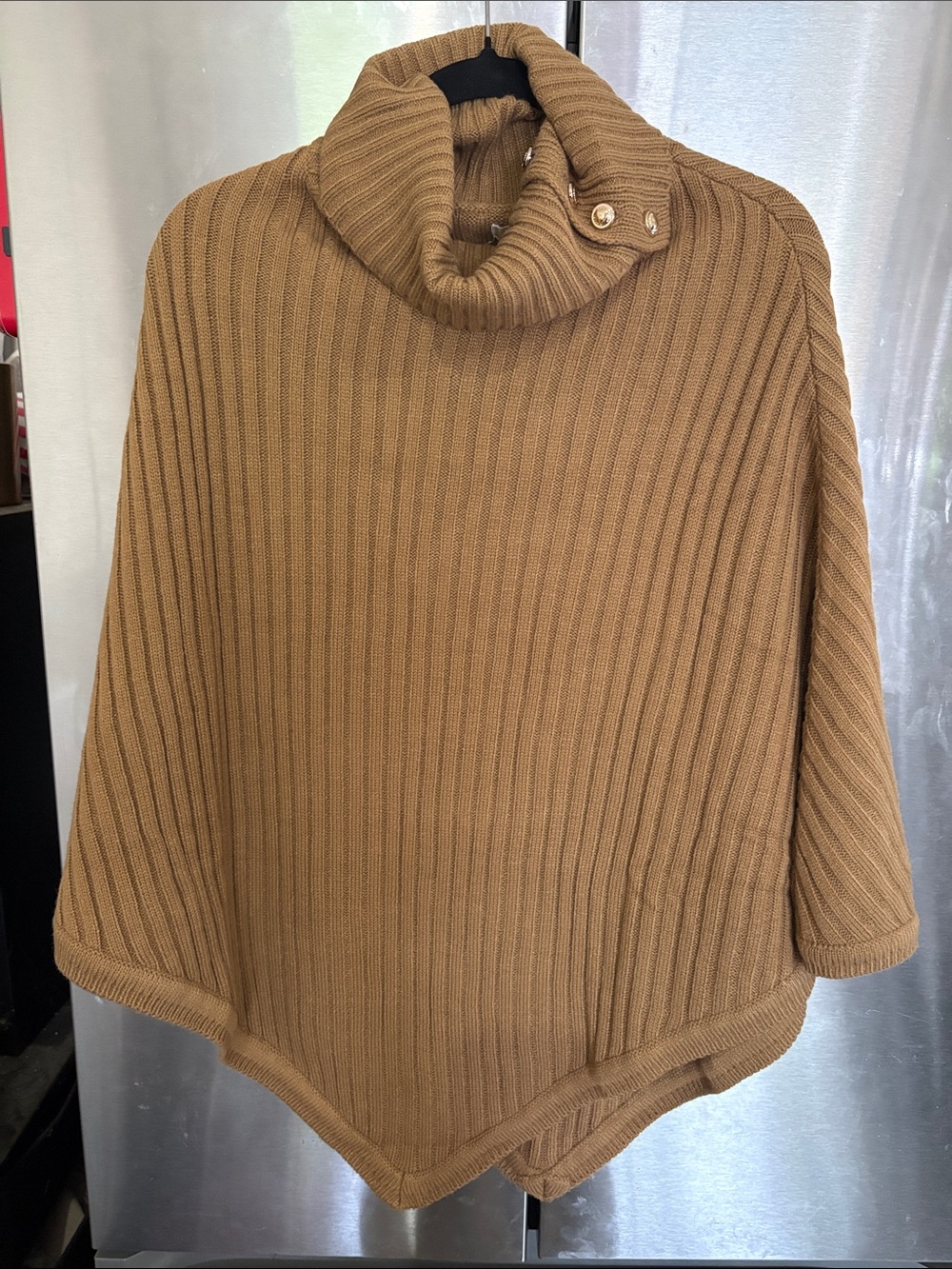 Michael Kors Ribbed Camel Button-Detail Poncho
